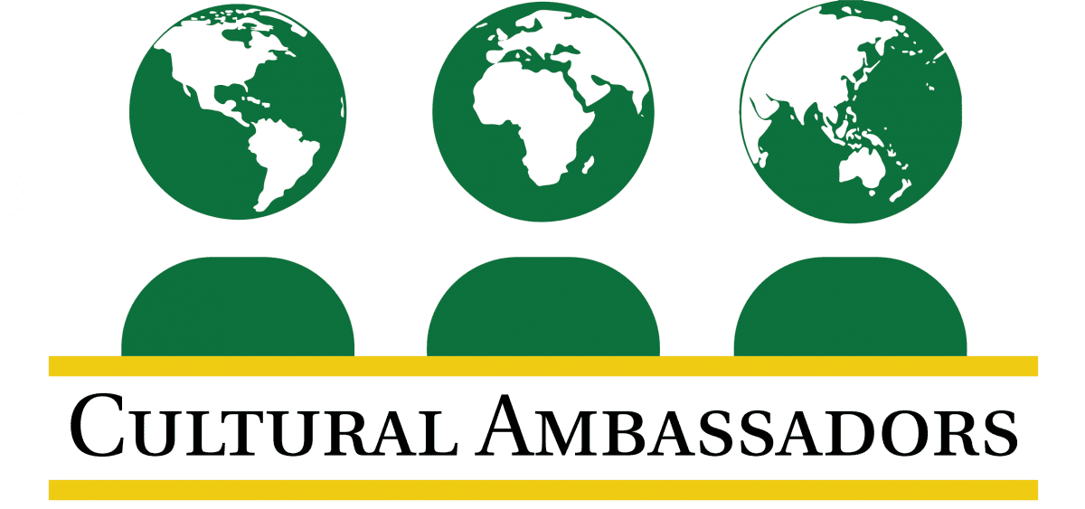 This image shows the logo of the Cultural Ambassadors program, which consists of a drawing of three students seated at a panel. The students' heads have been replaced with stylized globes representing different parts of the world.