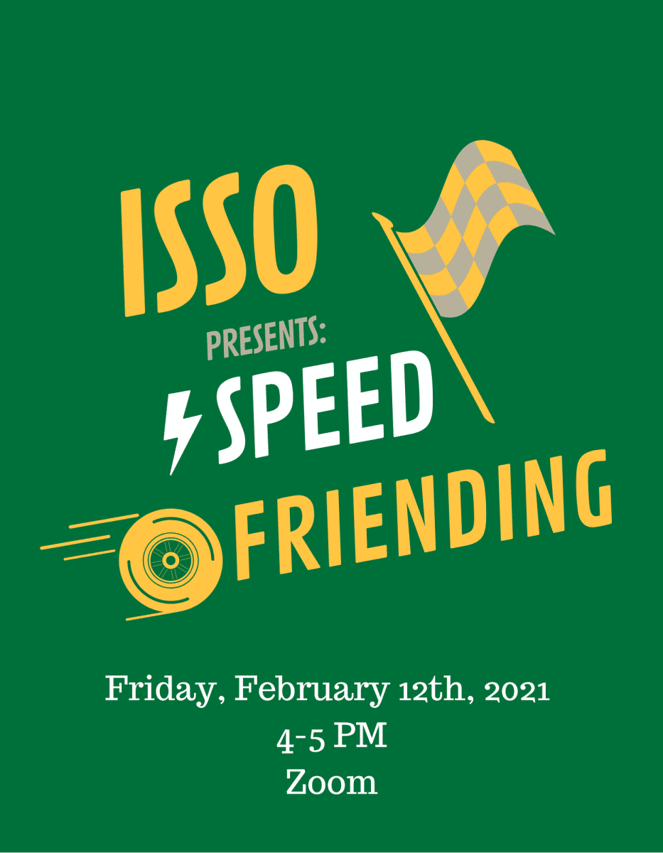 This image shows a flyer for Speed Friending. This logo contains a rapidly spinning wheel and a checkered racing flag, symbolizing the quickness with which friendships are made at the event. 